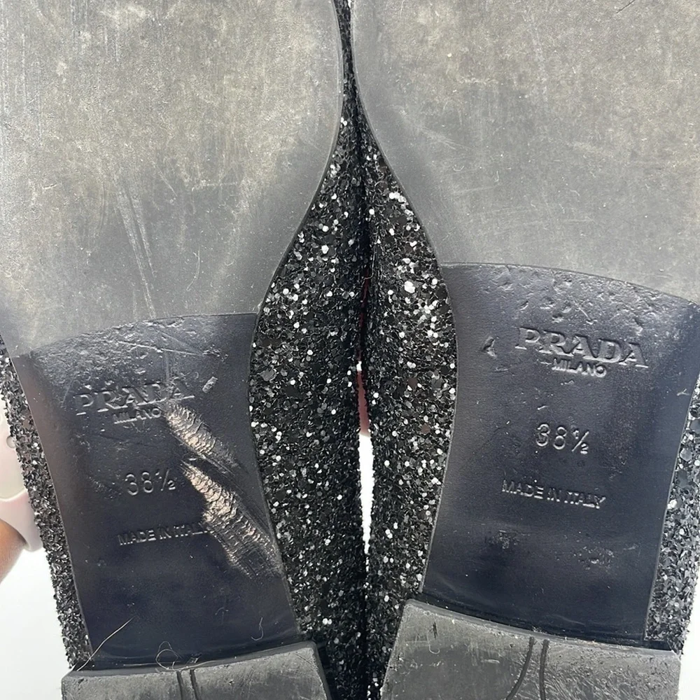Prada Black Glitter leather bow logo embellished pointed toe ballet flats 38.5
